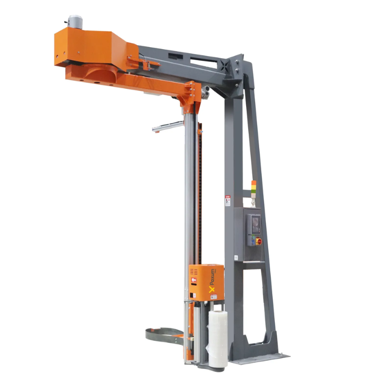 Paxum® X1000mp rotary arm pallet wrapping machine with SEW and SIEMENS motor drive and 250% pre-stretch rate for high-speed noiseless pallet wrapping in Australian industrial and logistics operations