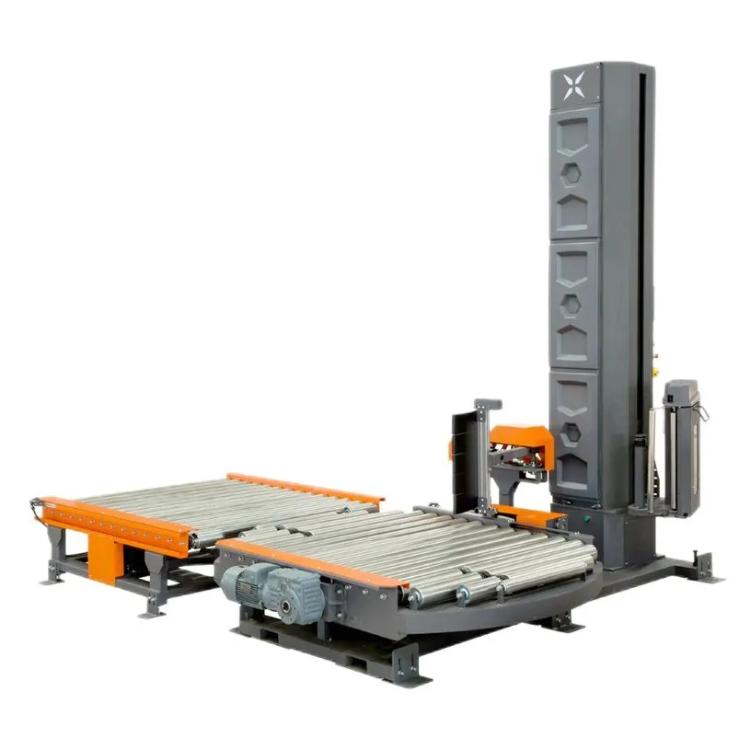 Paxum® S300 inline fully automatic pallet wrapping machine with stainless-steel conveyor, 300% pre-stretch ratio, and SIEMENS PLC controls for high-volume Australian production line integration